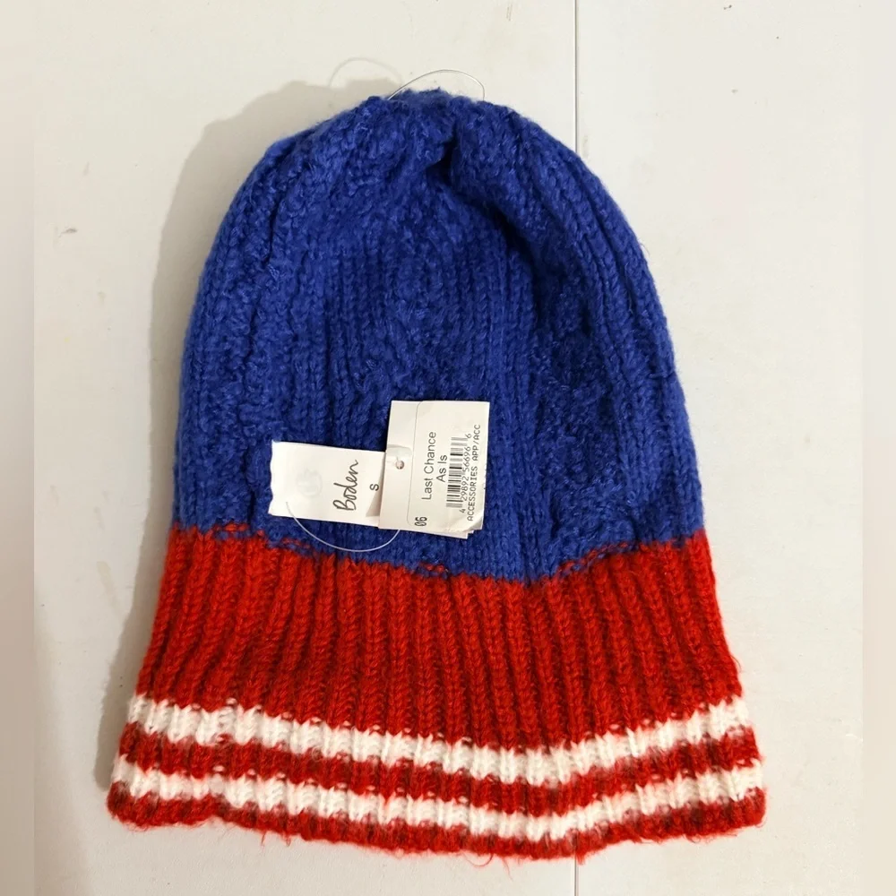 Boden Small Blue Knit Beanie with Red and White Stripes.